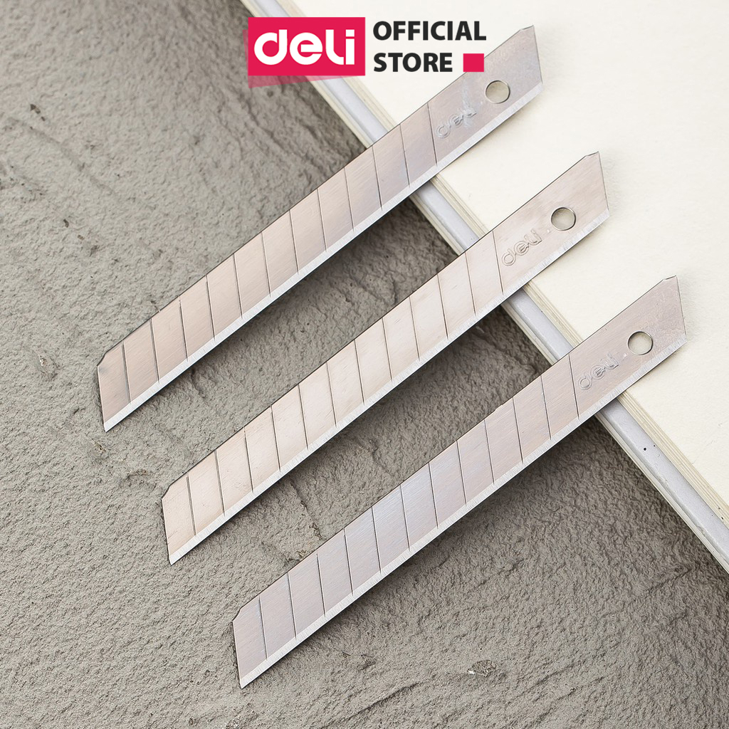 Hộp 10 Lưỡi Dao Rọc Giấy Cắt Giấy 8/13 Đốt Màu Bạc Size Lớn Deli - Cỡ Thông Dụng DIY Trạm Khắc Bóc Hàng