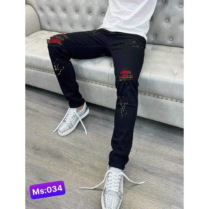 Quần jeans nam đen rách lót thêu vá DSQ cực chất, jeans nam denim co giãn cao cấp