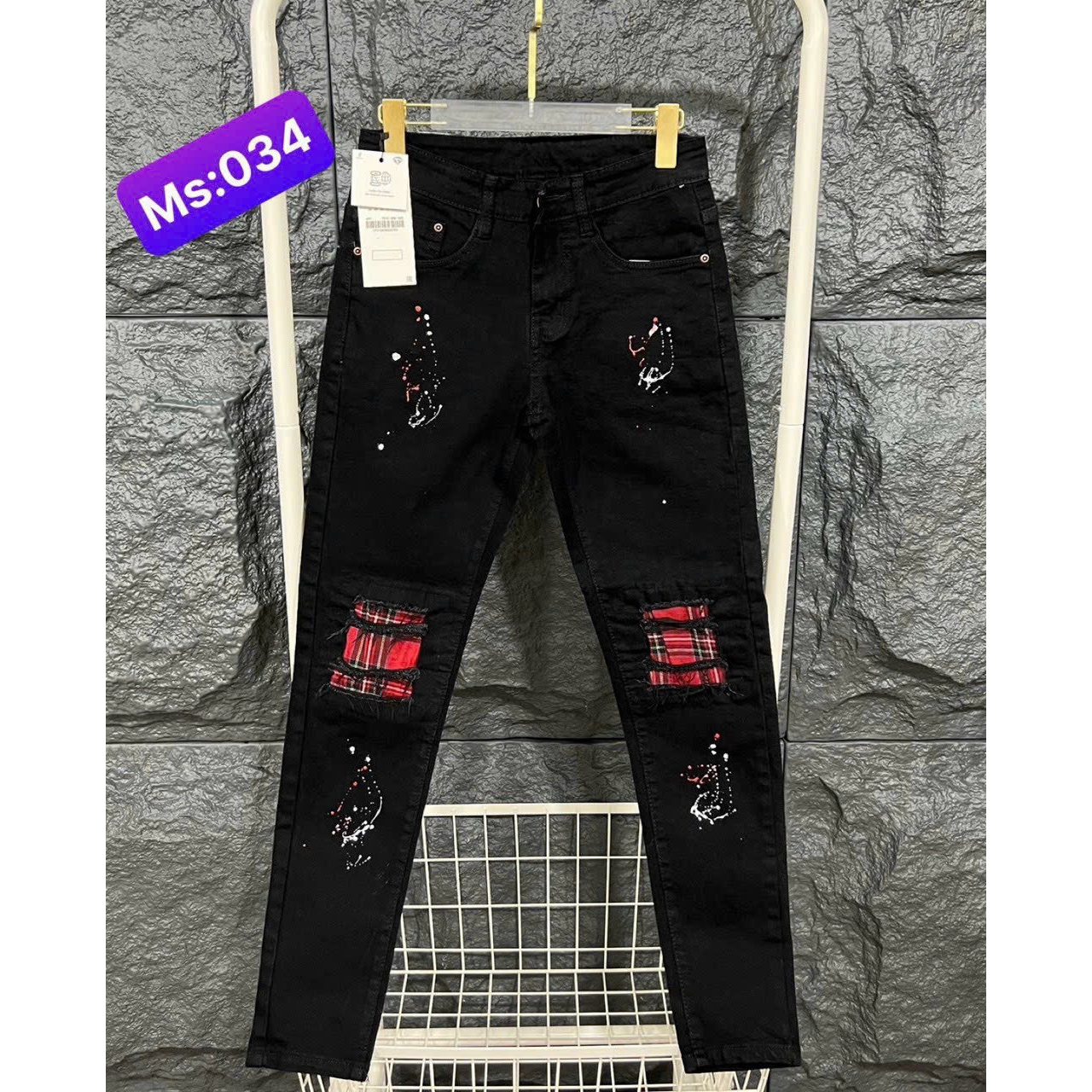 Quần jeans nam đen rách lót thêu vá DSQ cực chất, jeans nam denim co giãn cao cấp