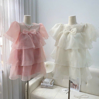 Đầm nữ thời trang mặc đi chơi chất voan tơ ánh kim cổ tròn đính nơ tay phồng ngắn váy phối tầng xoè hai lớp bánh bèo
