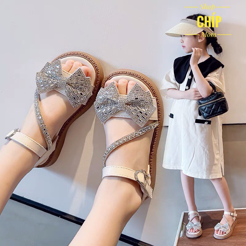 Sandal bé gáI Dép quai hậu đính nơ siêu điệu đế mềm chống trơn trượt dính đá sang chân tiểu thư mẫu mới nhất năm SL580