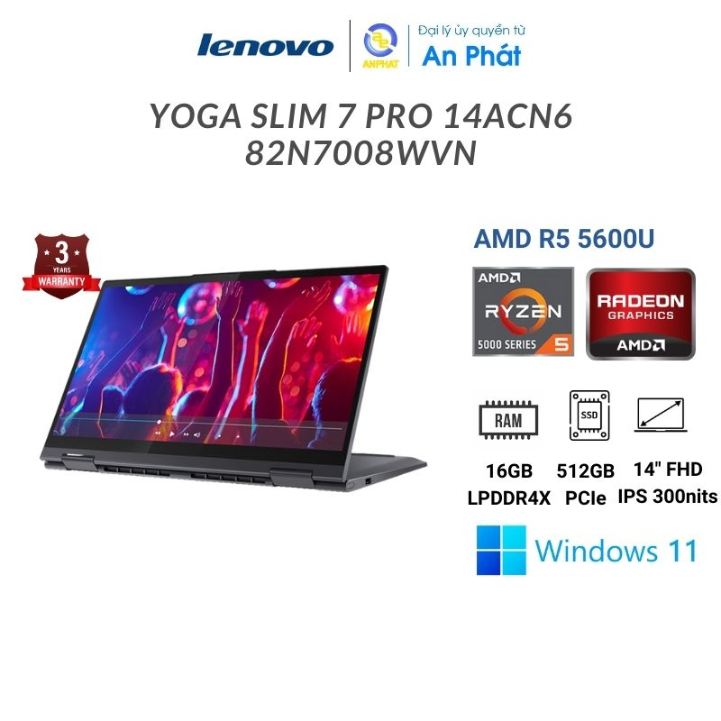 [Mã ELCL10 giảm 10% đơn 9TR] Laptop Lenovo Yoga Yoga Slim 7-14ACN6 82N7008WVN (R5 5600H | 16GB | 512GB| 14