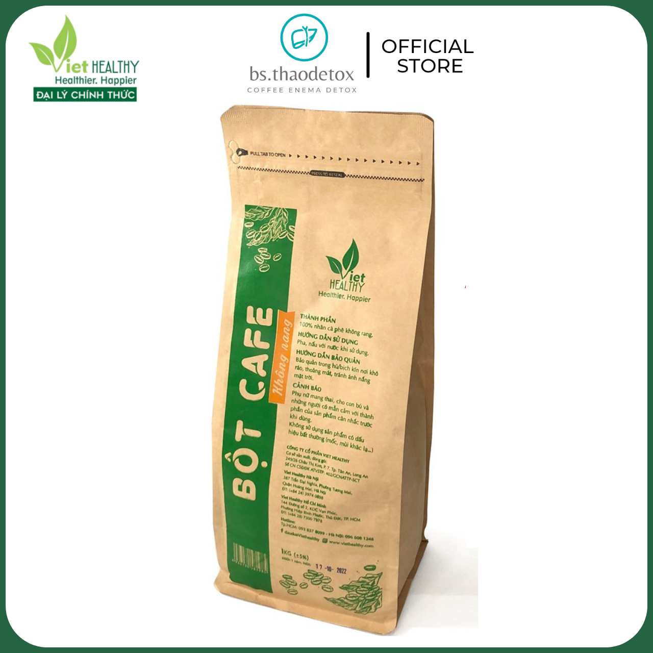 [ Chính Hãng] Cà phê nhân không rang VietHealthy 1 kg, Cafe Xanh thải