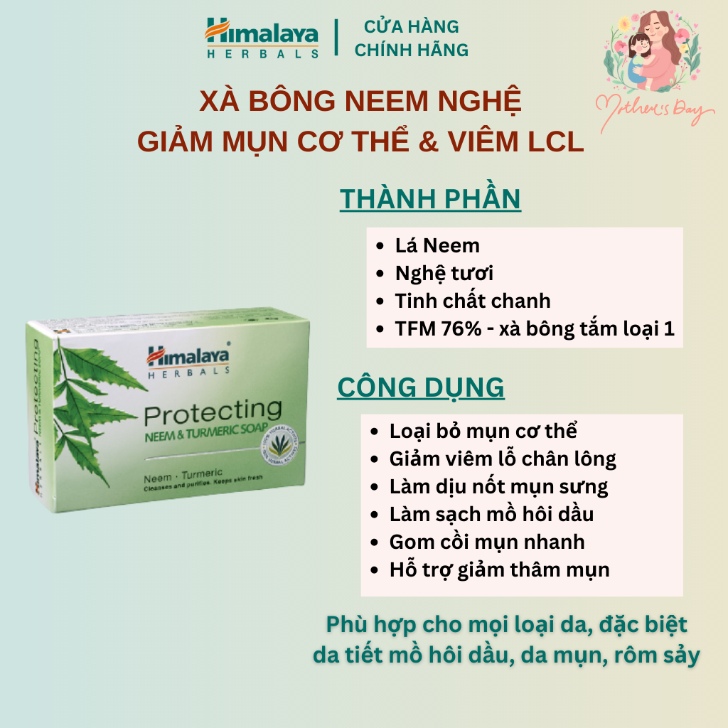 Xà phòng giảm mụn cơ thể từ lá neem Himalaya Neem Turmeric Soap 75g