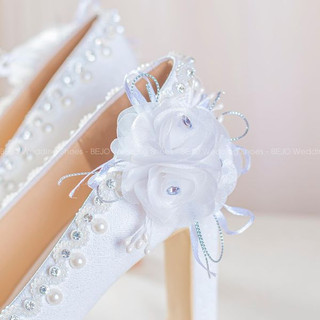 Giày Cao Gót Nữ Cao Cấp BEJO H80.G Đính Hoa Lụa Gót Viền Ngọc Trai - Giày Cưới Cô Dâu Đi Êm Chân