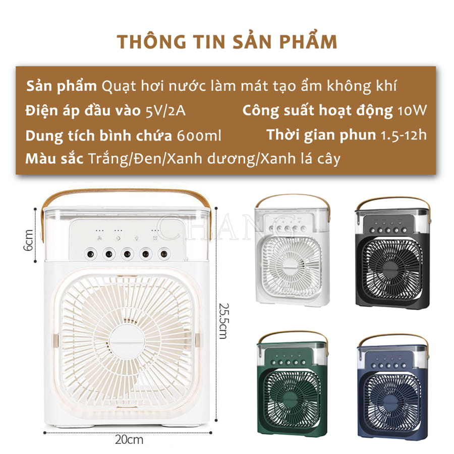 Quạt Điều Hòa Hơi Nước Mini, Quạt Phun Sương Tạo Ẩm Để Bàn 3 Chế Độ Phun Sương Tích Hợp Đèn Led Dung Tích 600ml