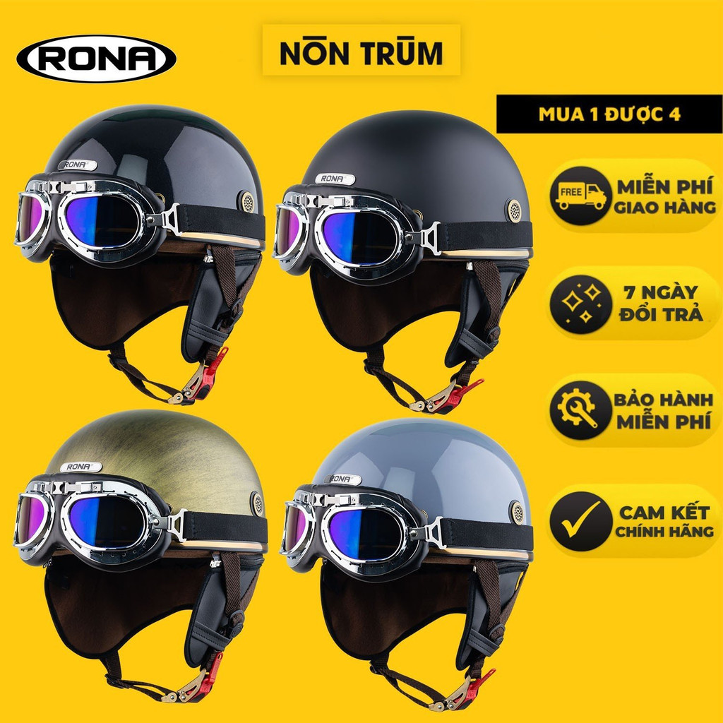 [Mã BMTTC60K giảm đến 60K đơn 50K] Mũ bảo hiểm 1/2 đầu Rona Pug kèm kính phi công dành cho nam nữ đi xe máy