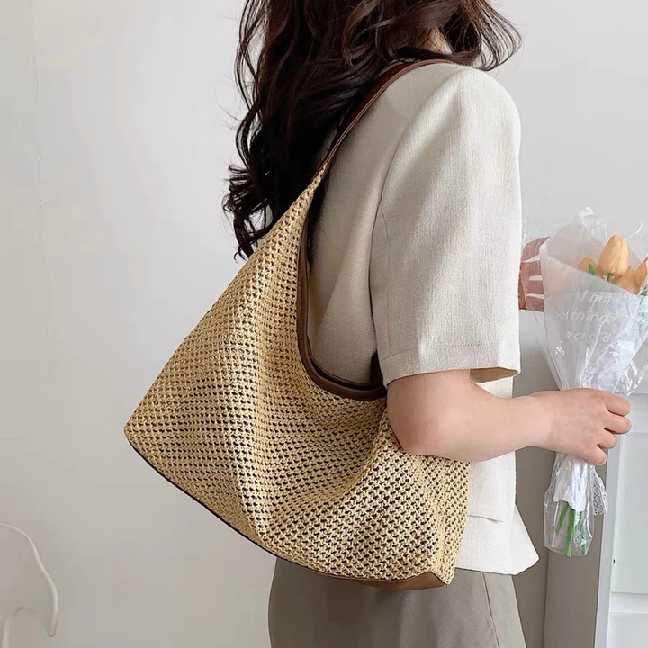 Túi cói phối quai da đeo vai 🌷Túi cói đi biển 🪼 Túi tote lưới T72