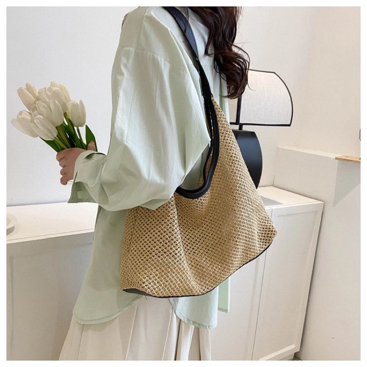 Túi cói phối quai da đeo vai 🌷Túi cói đi biển 🪼 Túi tote lưới T72
