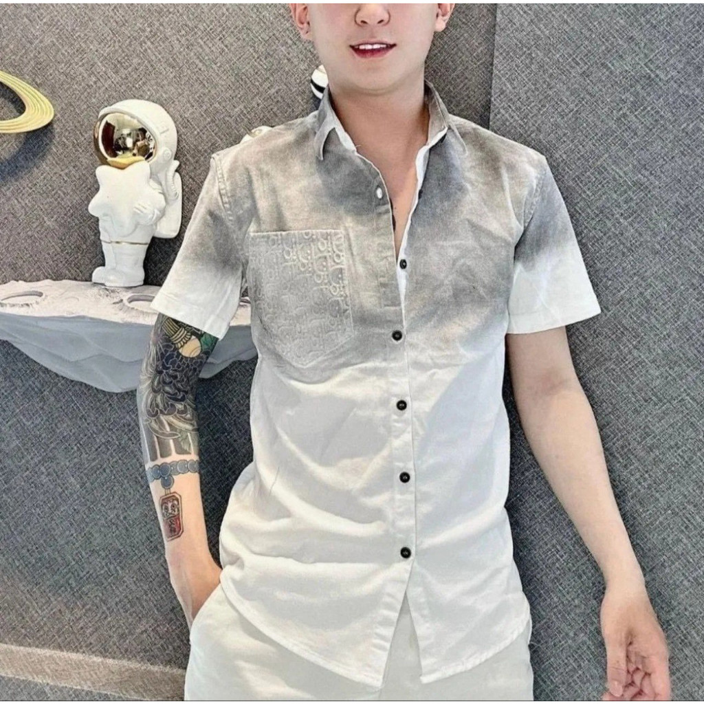 Áo sơ mi nam tay ngắn vải đũi CAO CẤP phối màu sang trọng dập chữ nổi, chuẩn phom trẻ trung năng động