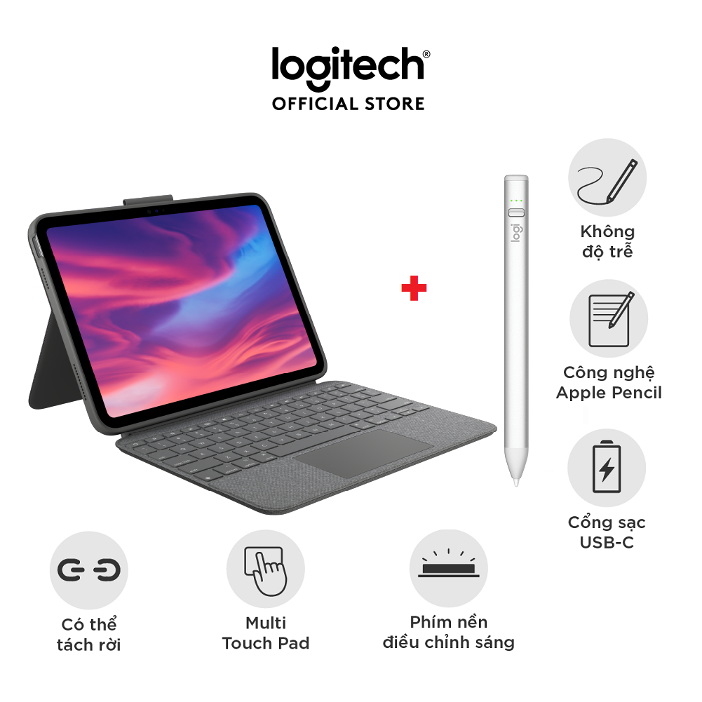 Bao da kèm phím Logitech Combo Touch dành cho iPad Gen 10 (10.9 inch) & Bút cảm ứng Logitech Crayon kỹ thuật số