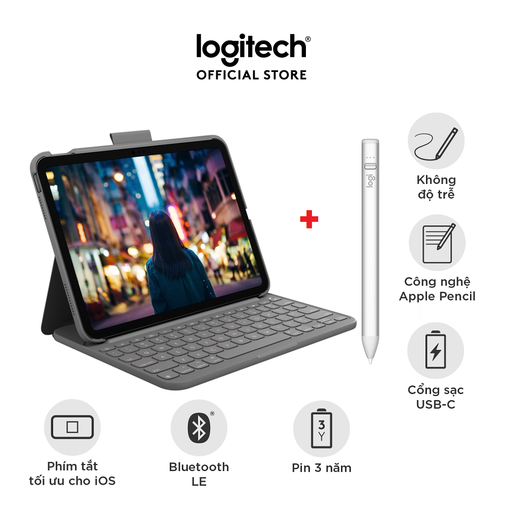 Bao da kèm phím Logitech Slim Folio dành cho iPad Gen 10 (10.9 inch) & Bút cảm ứng Logitech Crayon Kỹ Thuật số