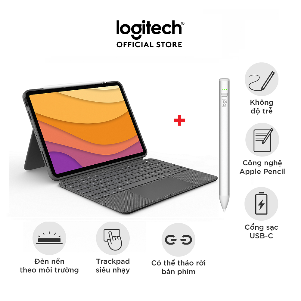 Bao da kèm bàn phím Logitech Combo Touch dành cho iPad Air gen 4 | gen 5 & Bút cảm ứng Logitech Crayon Kỹ Thuật Số