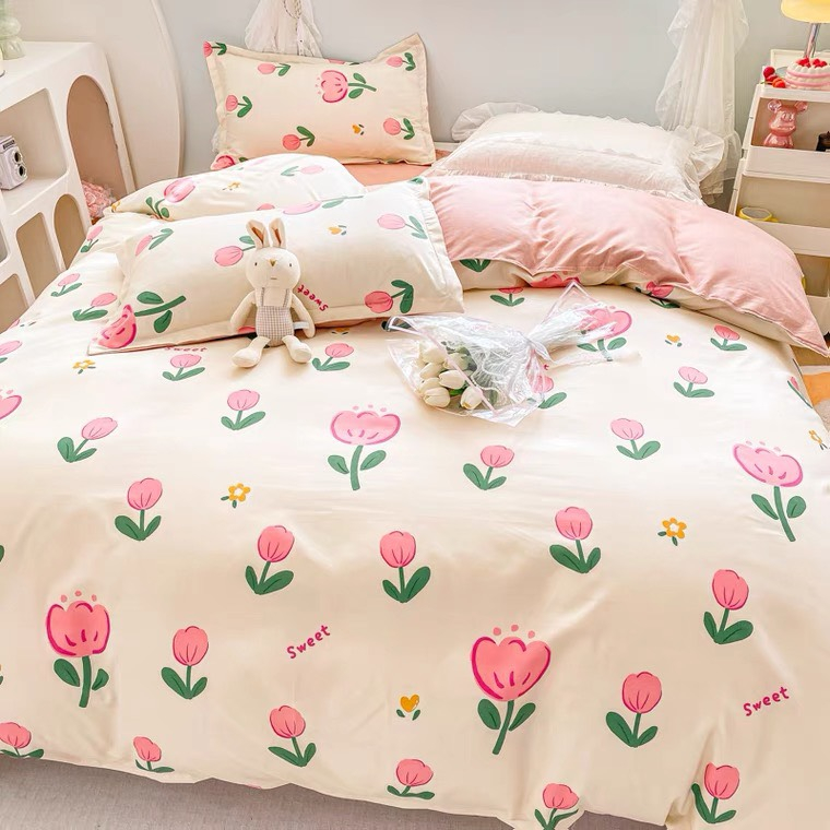 Bộ chăn ga gối cao cấp ETAMI cotton  poly tulip sweet hồng miễn phí bo chun drap giường ga trải giường(chưa kèm ruột)