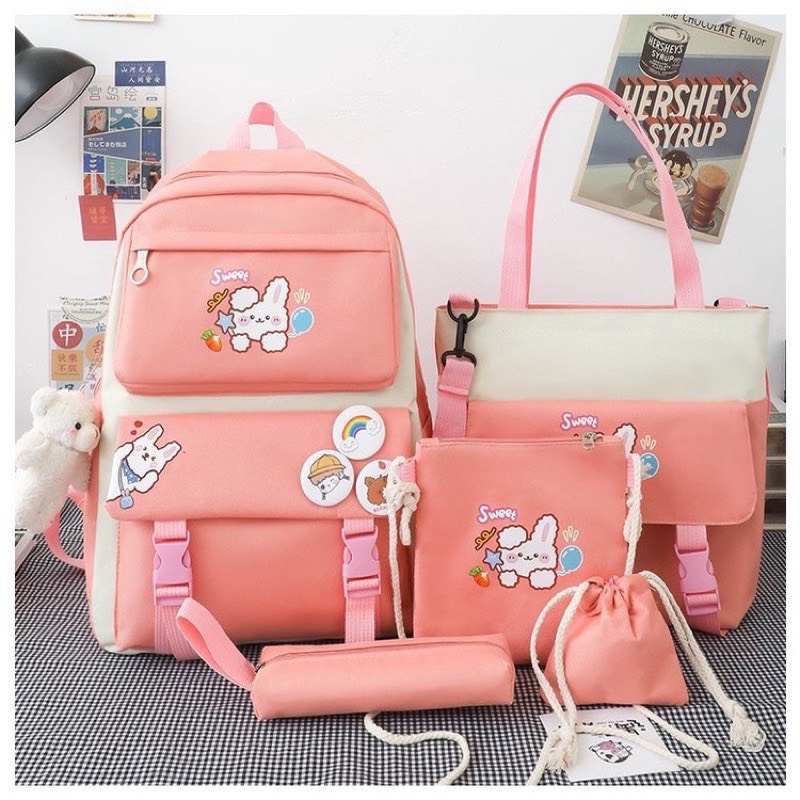 Set combo ba lô 4 món đi học, đi chơi, balo chống thấm nước thời trang hình thỏ sweet