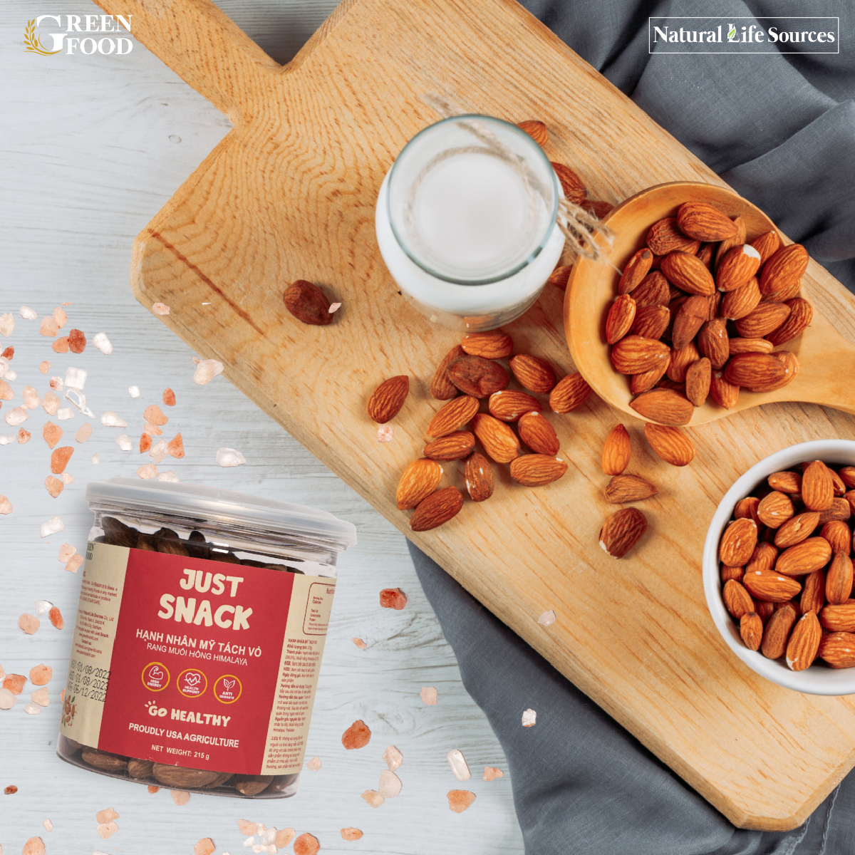 Ảnh Hạnh Nhân Mỹ Rang Muối Hồng Himalaya Just Snack Green Food Tách Vỏ | Hộp 215g 4