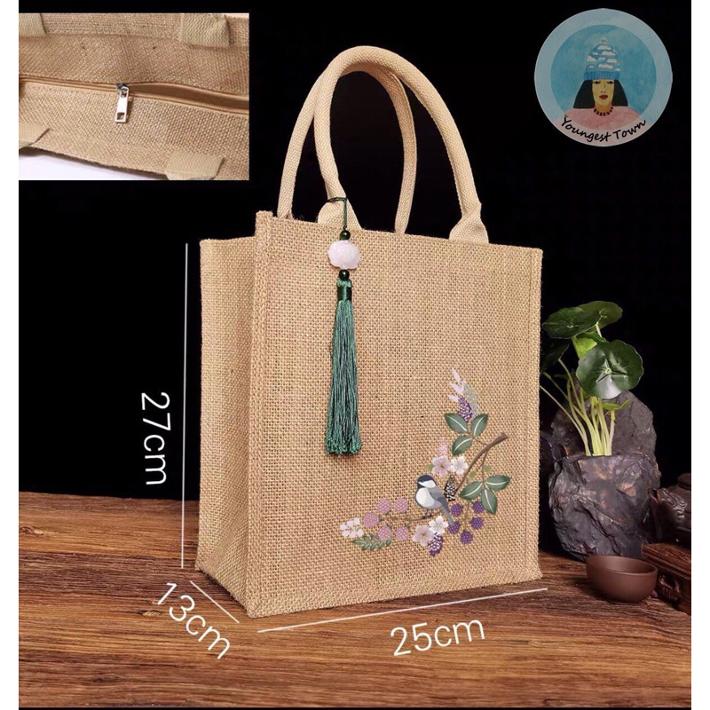 Túi cói hoạ tiết bồ câu và cành hoa có dây kéo 🍇