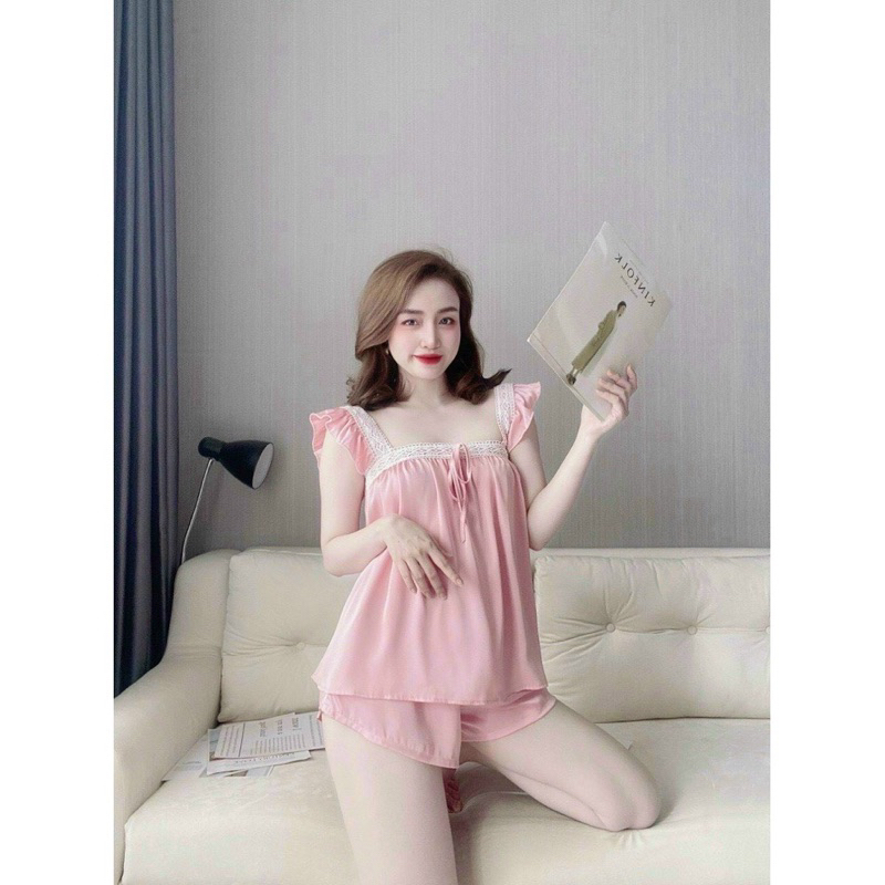Bộ đồ đùi satin cánh tiên phối ren cao cấp, Đồ mặc nhà xinh