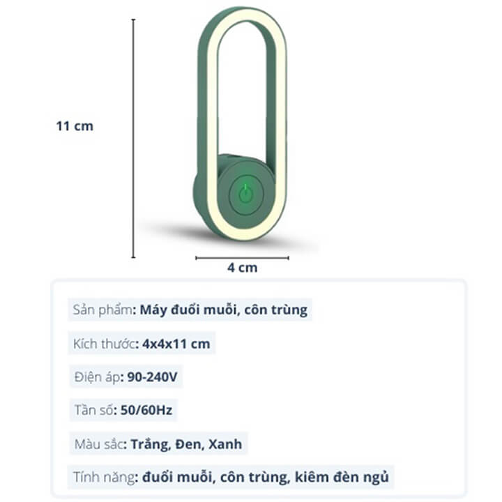 Máy đuổi muỗi đuổi côn trùng công nghệ sóng siêu âm kiêm đèn ngủ không ồn, an toàn với người sử dụng