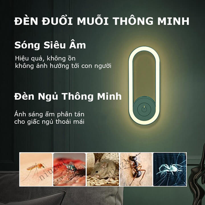 Máy đuổi muỗi đuổi côn trùng công nghệ sóng siêu âm kiêm đèn ngủ không ồn, an toàn với người sử dụng