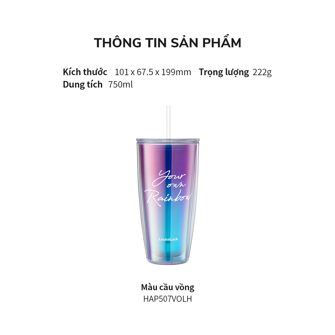 Ly nhựa 2 lớp LocknLock Rainbow double wall cold cup HAP507 Màu Tím , kèm ống hút và cọ rửa - K-MALL