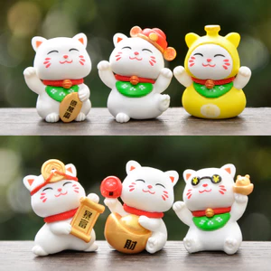 Set 6 mô hình mèo thần tài trắng tí hon trang trí bàn làm việc, tủ sách, quà tặng, tiểu cảnh