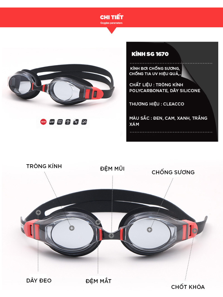 Ảnh Kính Bơi KIếng Bơi Chính Hãng Chống Sương Chống UV Đệm Mắt Cao Su Dây Đeo Êm Ái Cleacco SG1670 Boro Sport 1