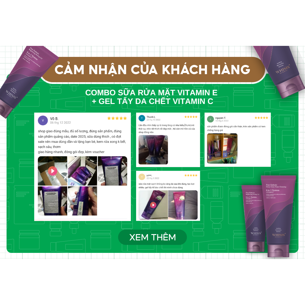 Ảnh Combo X2 Làm Sạch Sáng Da Mờ Thâm Dịu Nhẹ: Sữa Rửa Mặt Vitamin E WHISIS 120ml + Gel Tẩy Da Chết Vitamin C WHISIS 120ml 1