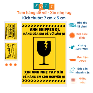 Set 25-50-100 tem dán cảnh báo xin nhẹ tay màu vàng, có sẵn keo kích thước 7x5cm
