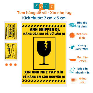 Set 25-50-100 tem dán cảnh báo xin nhẹ tay màu vàng, có sẵn keo kích thước 7x5cm