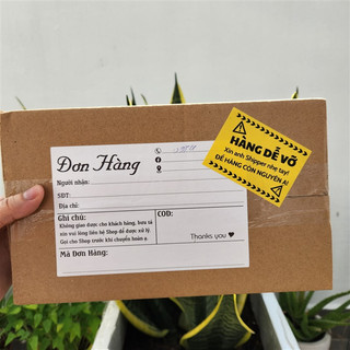 Set 25-50-100 tem dán cảnh báo xin nhẹ tay màu vàng, có sẵn keo kích thước 7x5cm