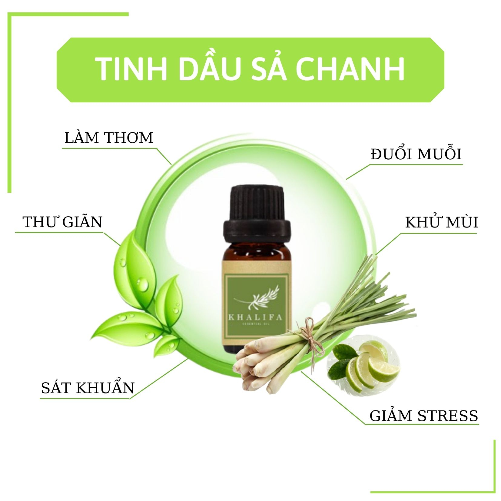 Tinh Dầu Sả Chanh Nguyên Chất Khalifa 50ml Tốt Cho Da Giảm Stress Khử Mùi Chống Say Xe Hàng Chính Hãng