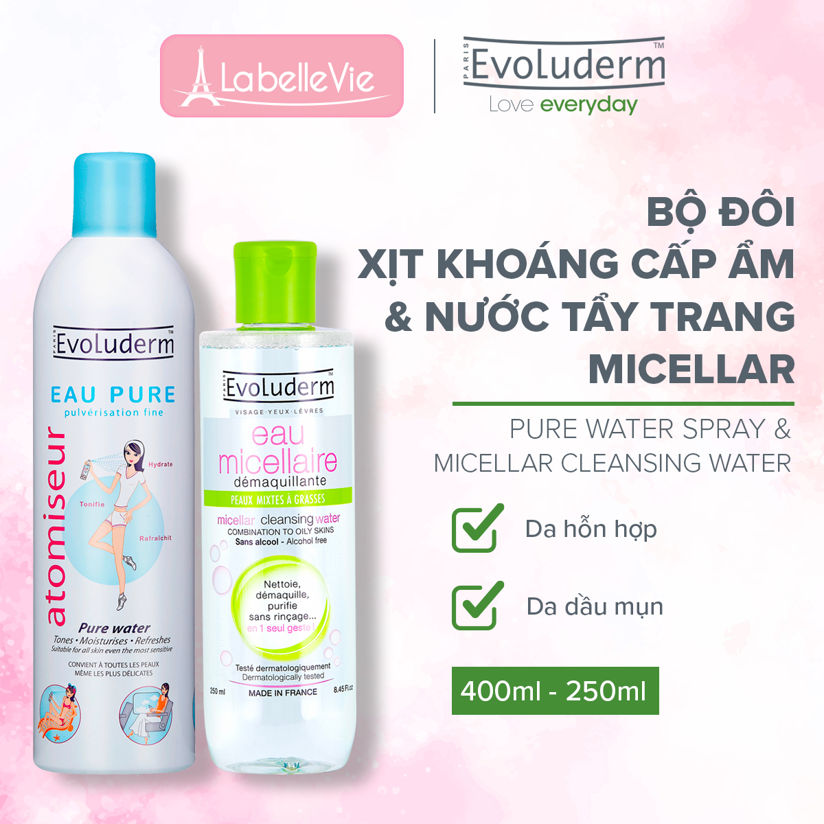 Bộ chăm sóc da Evoluderm Xịt khoáng 400ml và Tẩy trang 250ml làm sạch da, cho làn da mềm mại