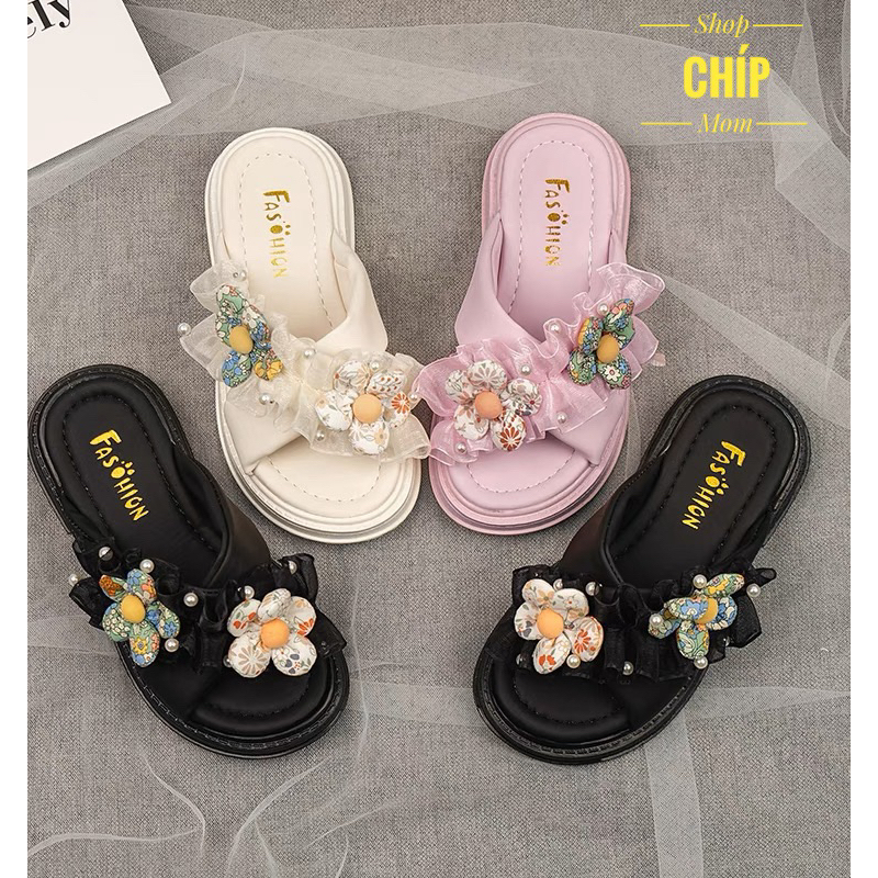 Dép lê bé gái hoa xinh xắn da PU êm chân đế chống trượt đi biển mùa hè êm chân siêu điệu QCCC T86 ( ảnh thật )