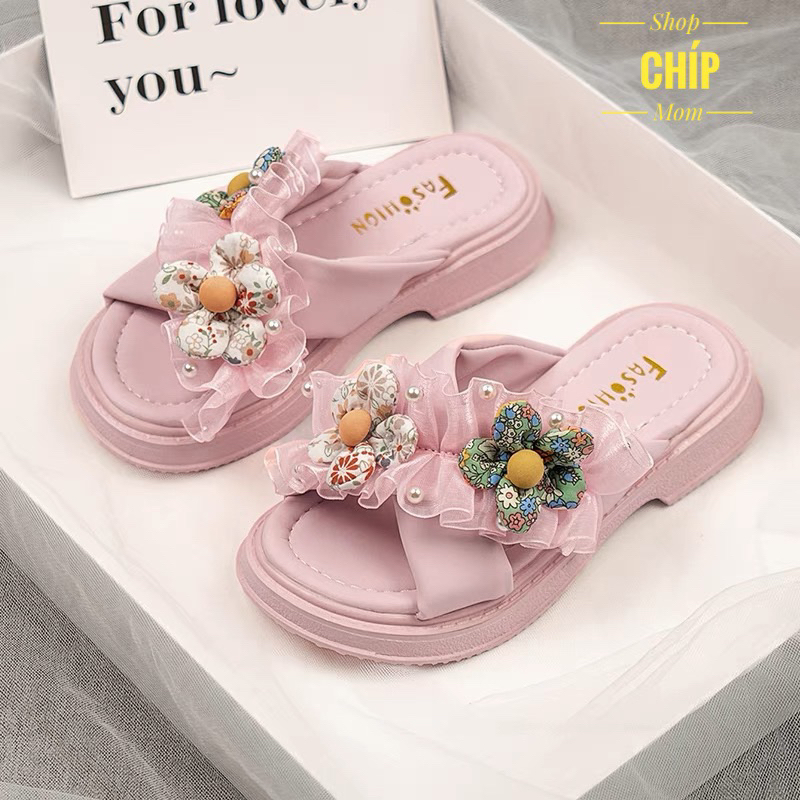Dép lê bé gái hoa xinh xắn da PU êm chân đế chống trượt đi biển mùa hè êm chân siêu điệu QCCC T86 ( ảnh thật )