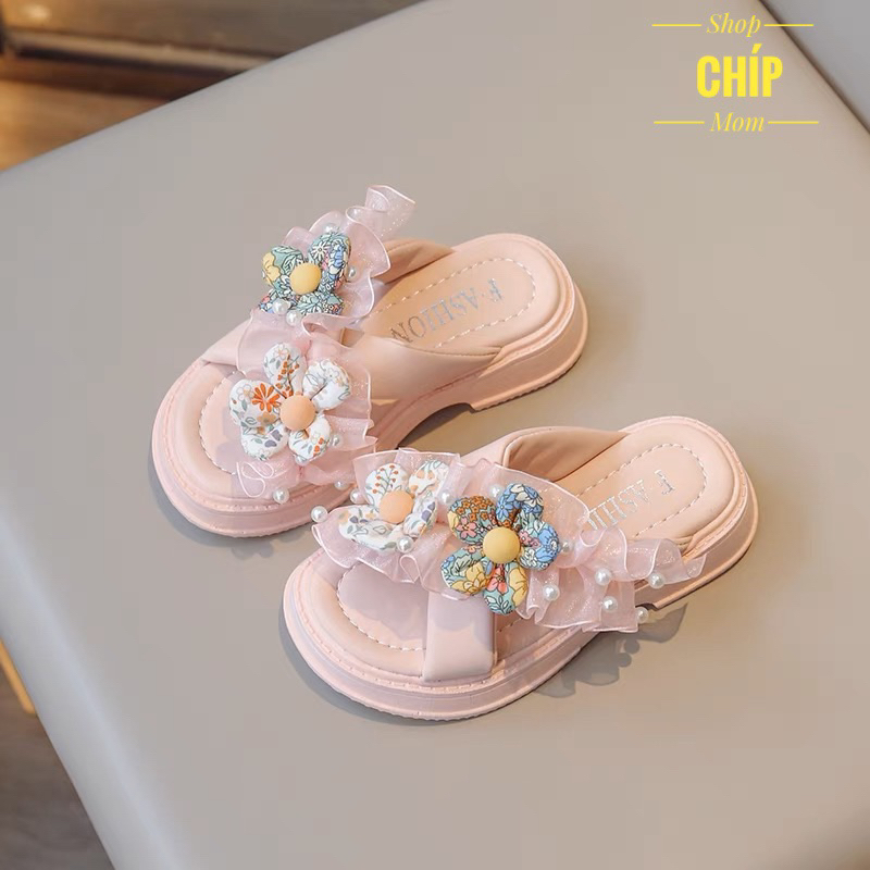 Dép lê bé gái hoa xinh xắn da PU êm chân đế chống trượt đi biển mùa hè êm chân siêu điệu QCCC T86 ( ảnh thật )