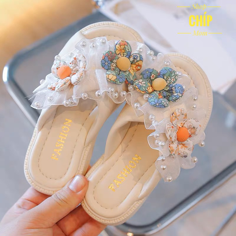 Dép lê bé gái hoa xinh xắn da PU êm chân đế chống trượt đi biển mùa hè êm chân siêu điệu QCCC T86 ( ảnh thật )