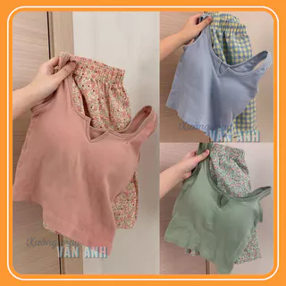 Bộ đồ ngủ mặc nhà Áo Hai Dây Phối Quần Short chất mát kèm mút