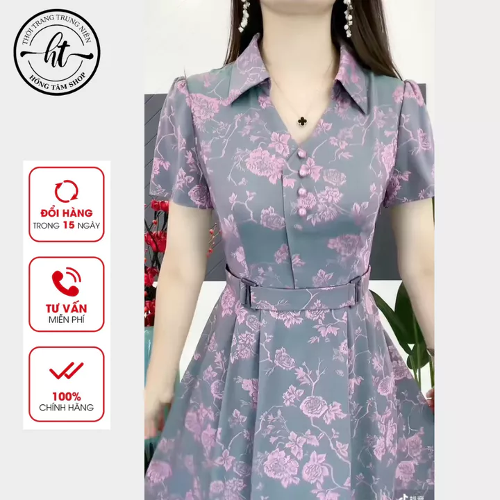 Đầm trung niên cho mẹ váy trung niên vải Lụa Pháp Cổ sơ mi dự tiệc cao cấp (CARO-PT)