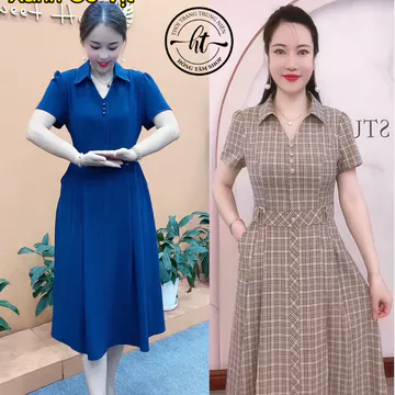 Đầm trung niên cho mẹ váy trung niên vải Lụa Pháp Cổ sơ mi dự tiệc cao cấp (CARO-PT)
