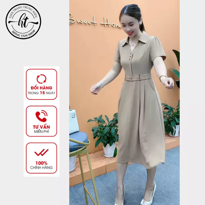 Đầm trung niên cho mẹ váy trung niên vải Lụa Pháp Cổ sơ mi dự tiệc cao cấp (CARO-PT)