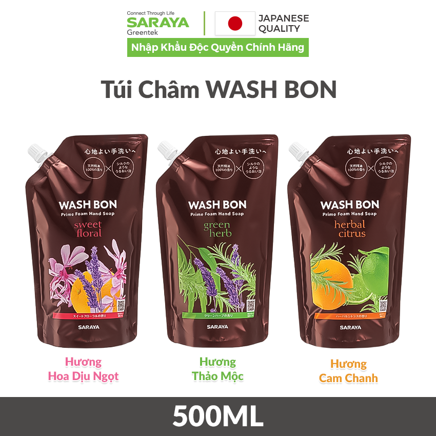 [Túi châm 500ml] Xà phòng rửa tay thảo mộc tạo bọt Saraya Wash Bon, làm sạch và dịu nhẹ với da tay