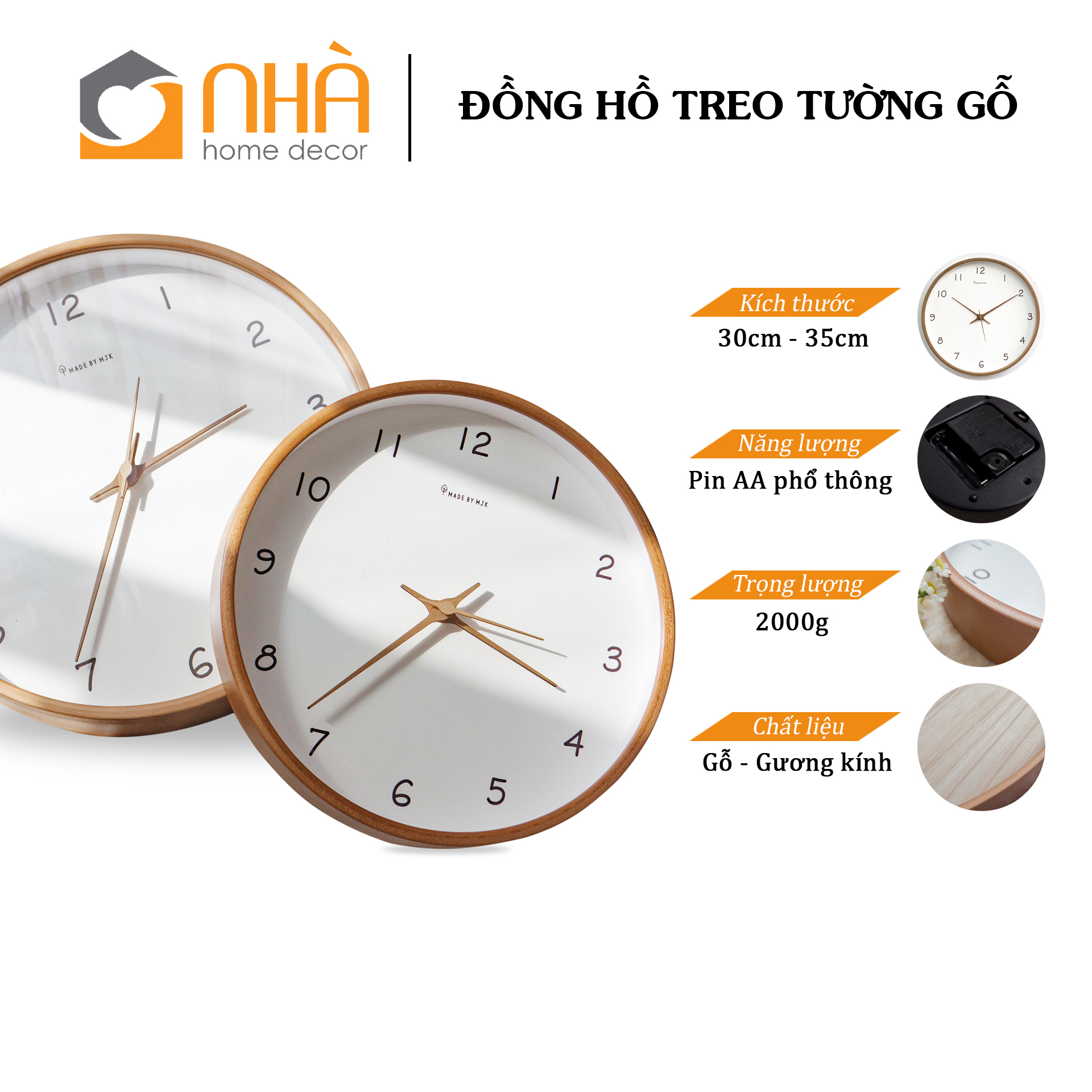Đồng Hồ Treo Tường Gỗ Hàn Quốc Chữ Số Kim Trôi