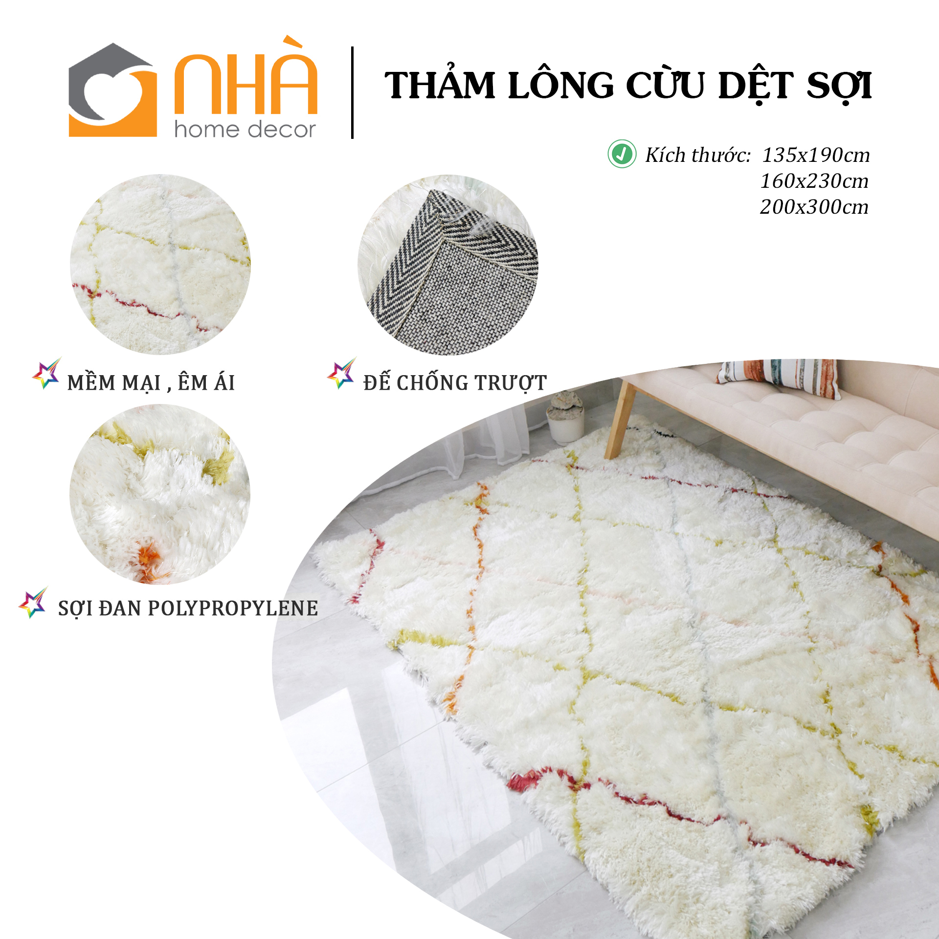 Thảm Lông Cừu Dệt Sợi Xịn Mịn Họa Tiết Hình Học Màu