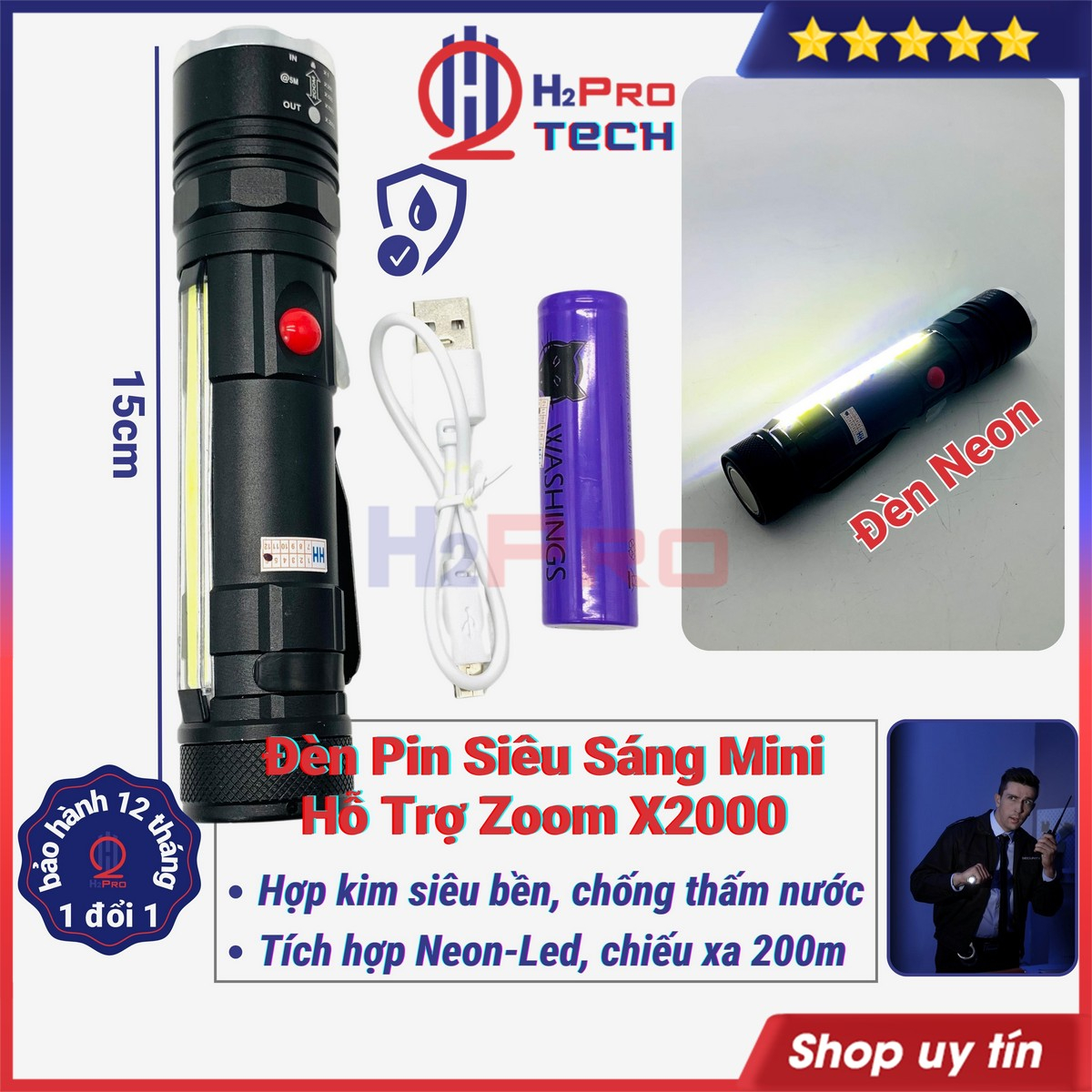 Đèn Pin Mini Cầm Tay Zoom X2000 Đèn Cạnh Neon - Led Trắng Siêu Sáng Có ...
