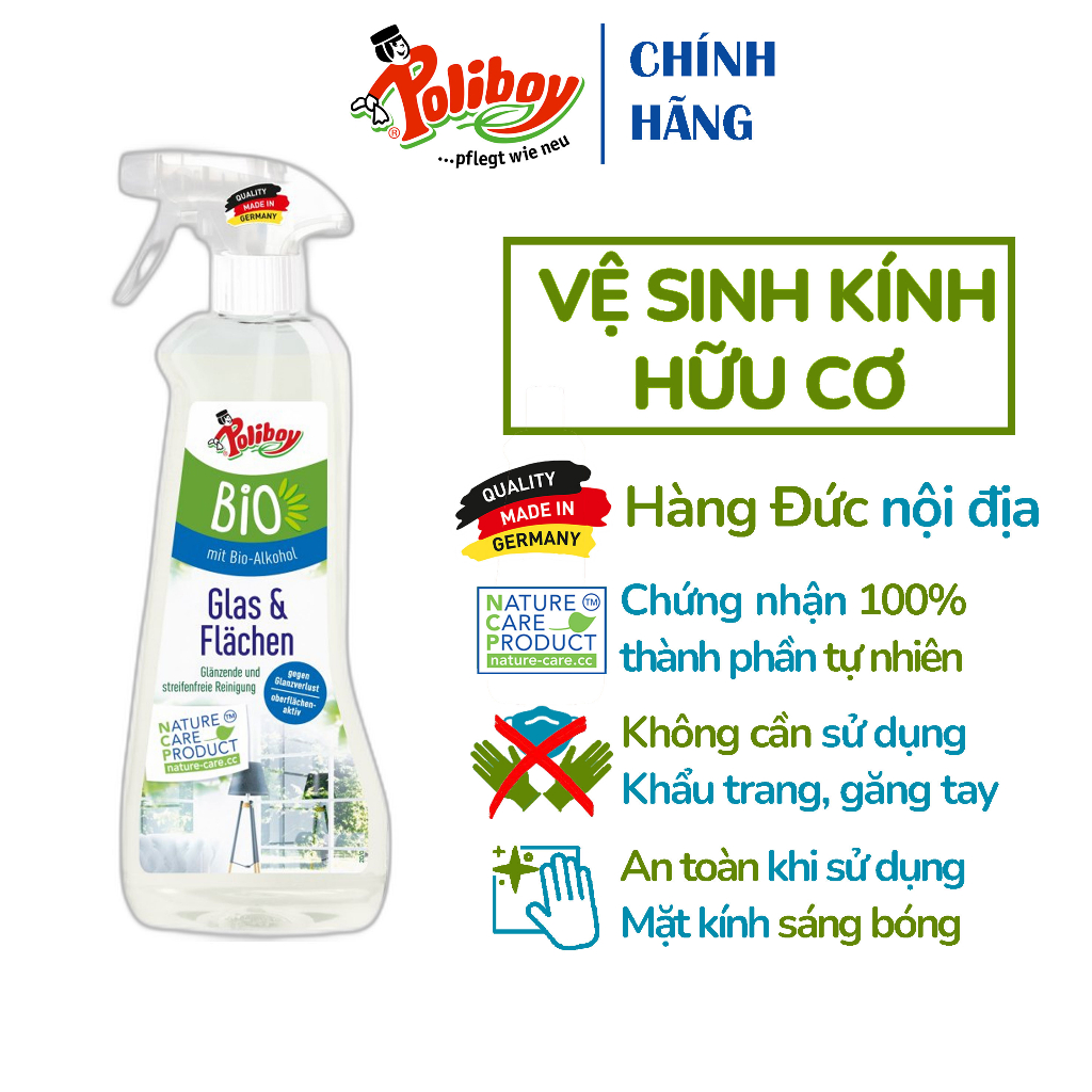 Ảnh Xịt Làm Sạch Kính Và Nội Thất Hữu Cơ POLIBOY Không Để Lại Vệt, Vệ Sinh Tủ Kính Bày Thực Phẩm 500ml Hoàn Toàn Tự Nhiên 1