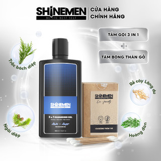 Combo Sữa tắm gội và Rửa mặt 3 in 1 SHINEMEN cho nam, hương nước hoa AWA-AMOR & Tăm bông thân gỗ