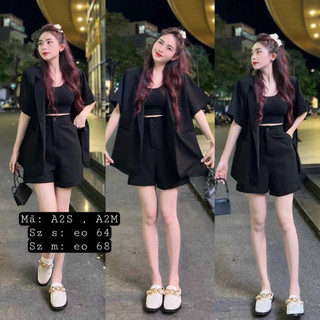 Sét bộ balzer nữ thời trang mặc đi chơi áo lót cotton mix quần đùi cotton lạnh ống đứng kèm áo khoác sơmi tay ngắn