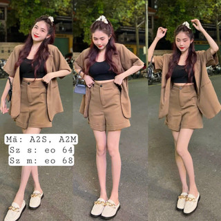 Sét bộ balzer nữ thời trang mặc đi chơi áo lót cotton mix quần đùi cotton lạnh ống đứng kèm áo khoác sơmi tay ngắn