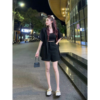 Sét bộ balzer nữ thời trang mặc đi chơi áo lót cotton mix quần đùi cotton lạnh ống đứng kèm áo khoác sơmi tay ngắn